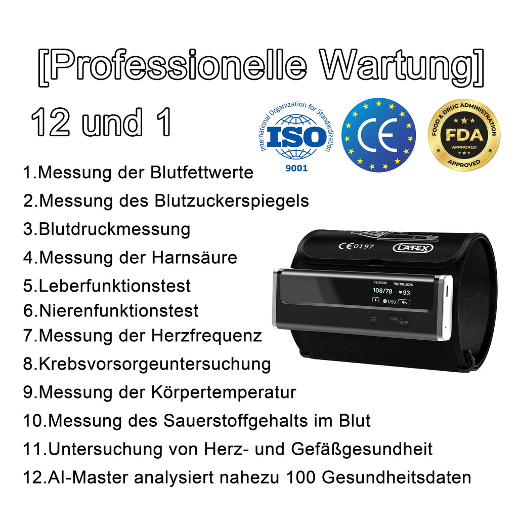 Blutzuckermessgerät 12-in-1 für Zuhause – Blutdruck, SpO₂, Herzfrequenz, Harnsäure & Blutfette
