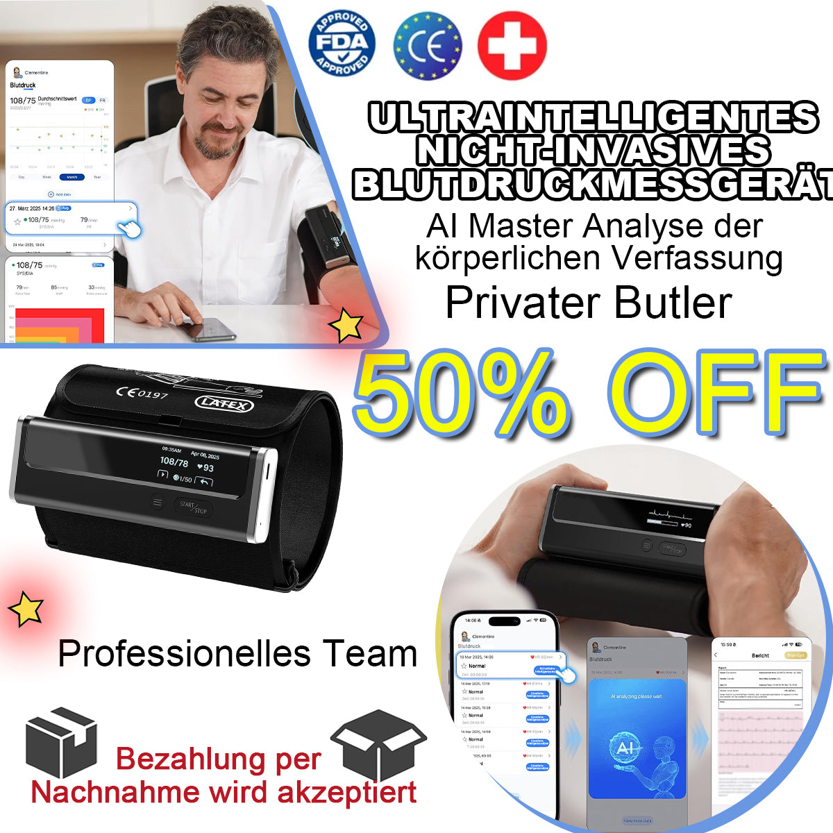 Blutzuckermessgerät 12-in-1 für Zuhause – Blutdruck, SpO₂, Herzfrequenz, Harnsäure & Blutfette