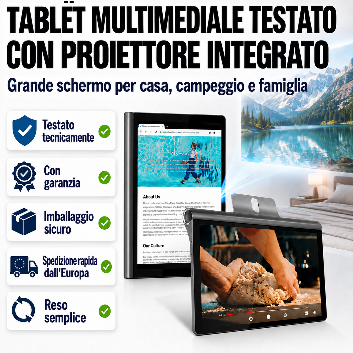 Tablet multimediale da 10,1″ con proiettore